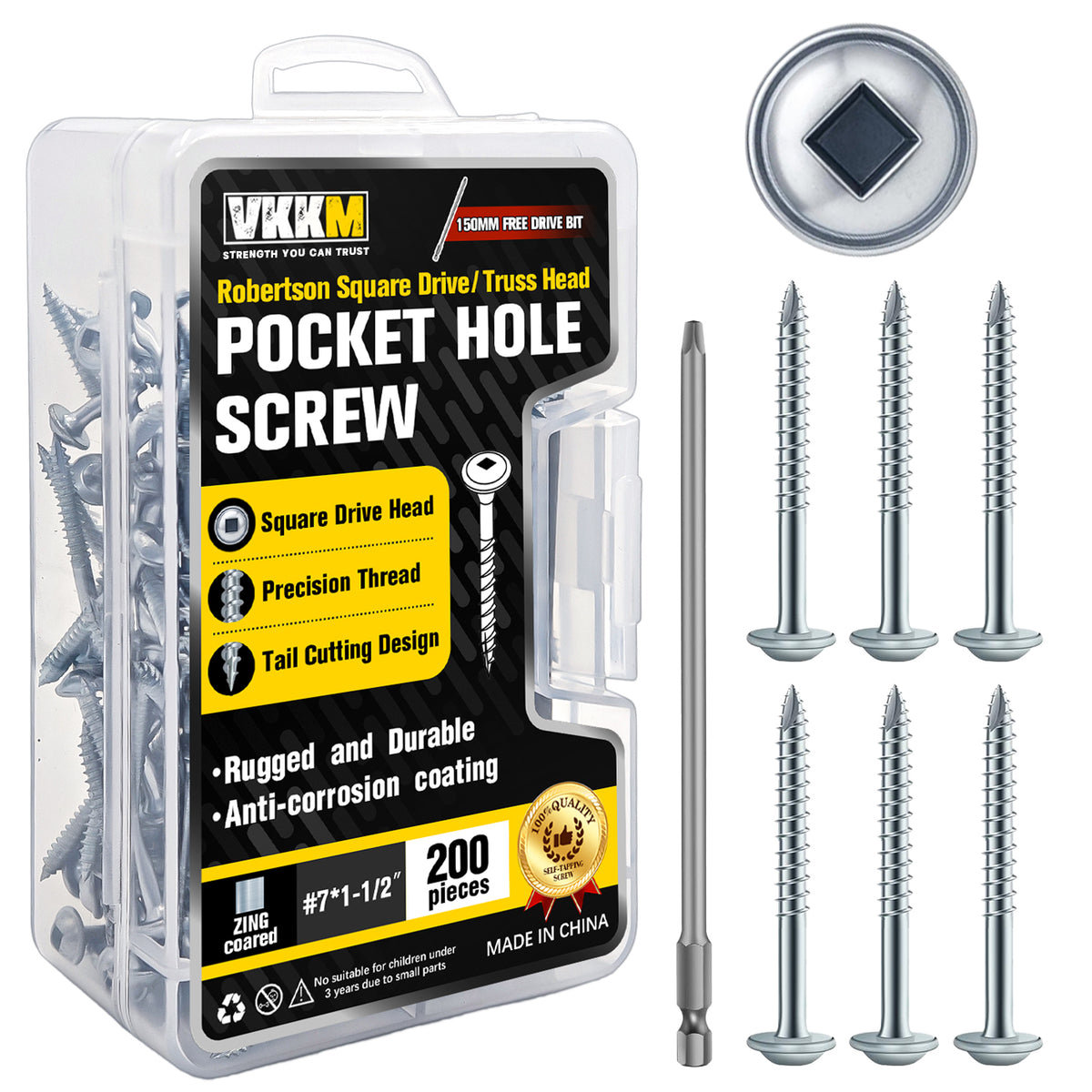 VKKM Zinc Pocket Hole Screws - Square Drive Truss‑Head Wood Screws with Free Bit