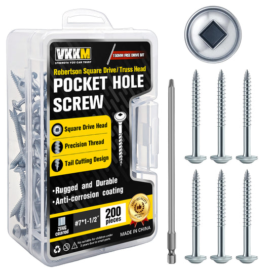 VKKM Zinc Pocket Hole Screws - Square Drive Truss‑Head Wood Screws with Free Bit