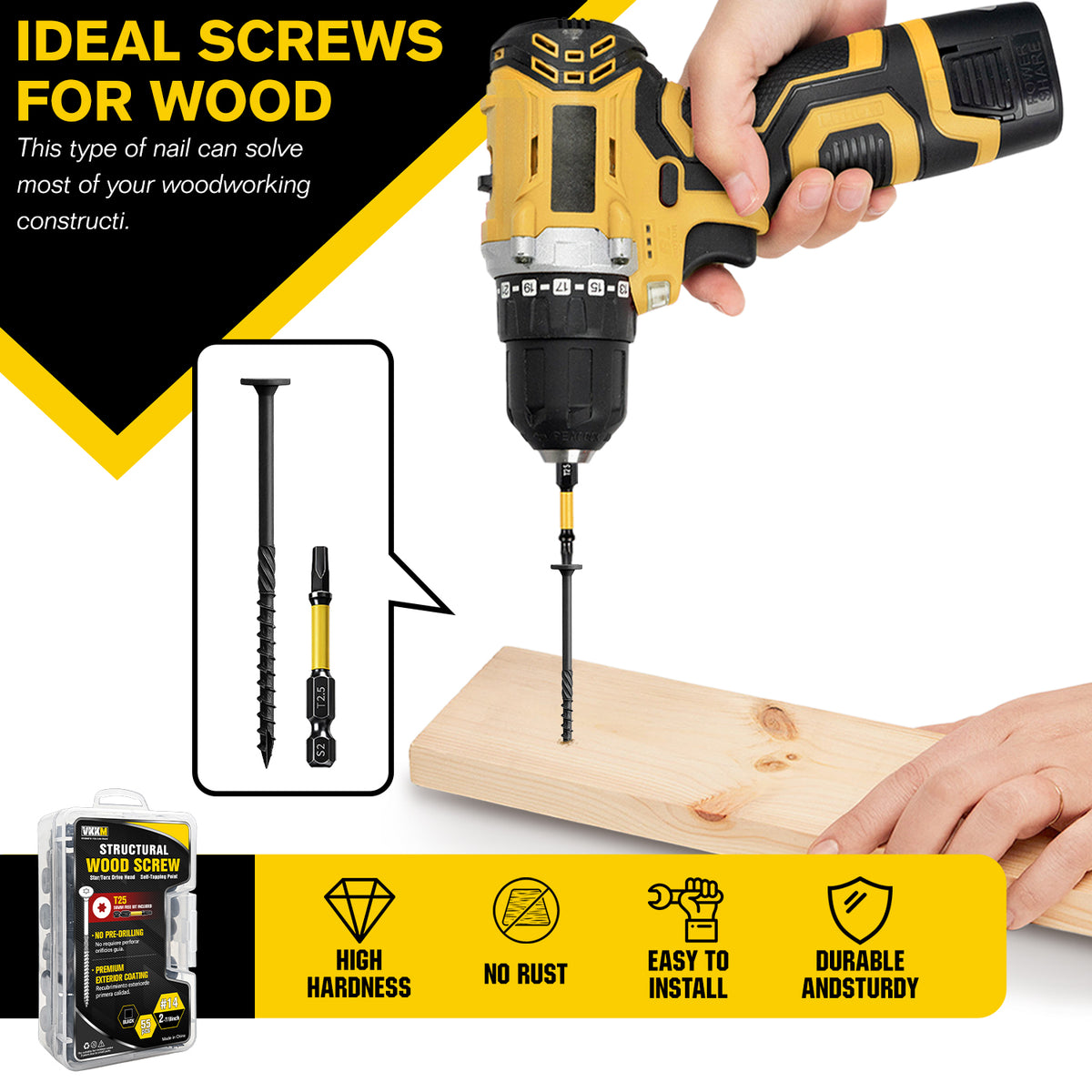 VKKM Black Structural Wood Screws - T30 Torx Flat Head - #14 x 2-7/8" & 4-1/2" Sizes - Free Bit - image 4