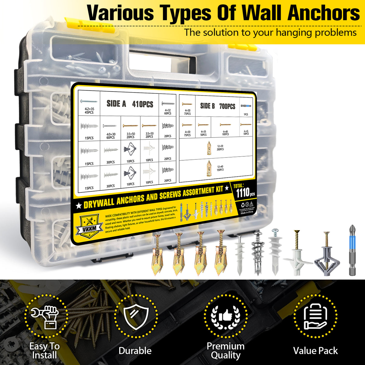 VKKM 1110Pcs Drywall Anchors and Screws Kit - Mixed Wall Plug & Screw Assortment - image 10