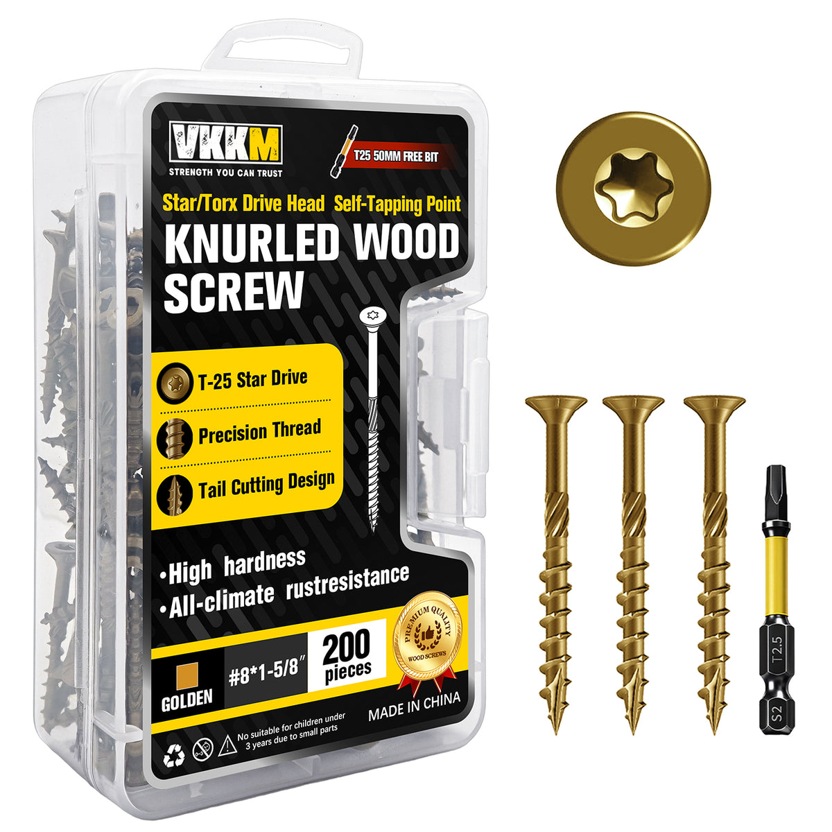 VKKM Golden Knurled Wood Screws - T25 Star Drive with Free Bit - image 3