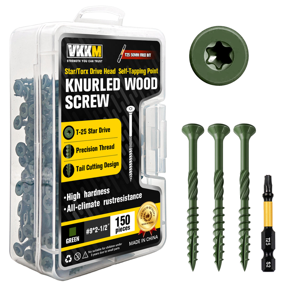 VKKM Green Knurled Wood Screws - T25 Star Drive with Free Bit - image 3
