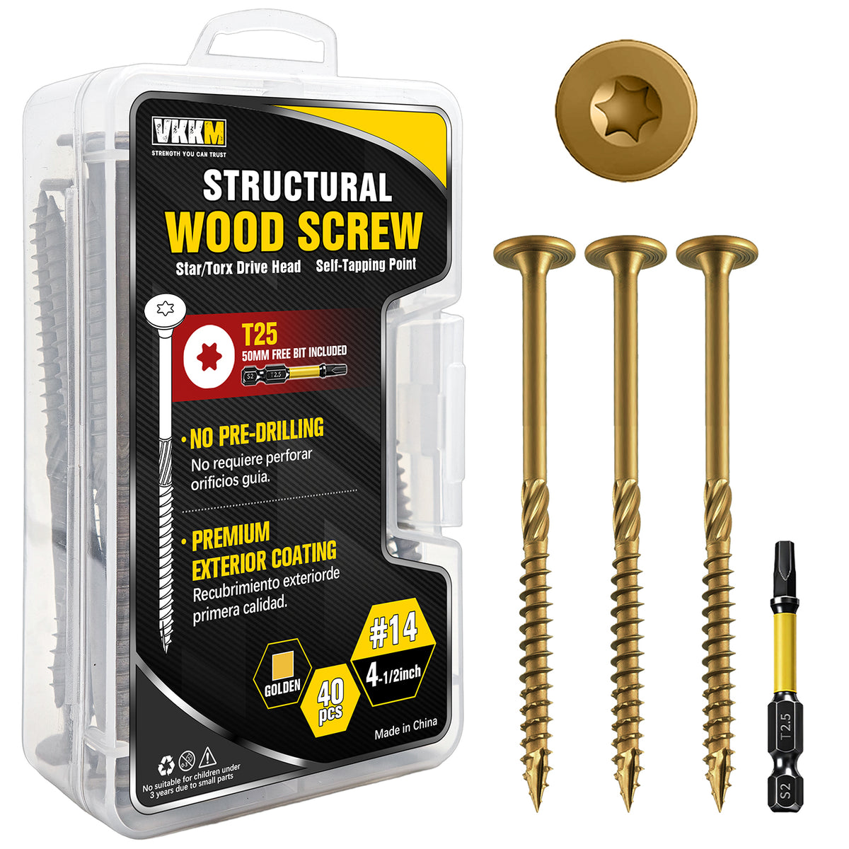 VKKM Yellow-Gold Structural Wood Screws - T30 Torx Flat Head - #14 x 2-7/8", 4-1/2" & 6" Sizes - Free Bit - image 2