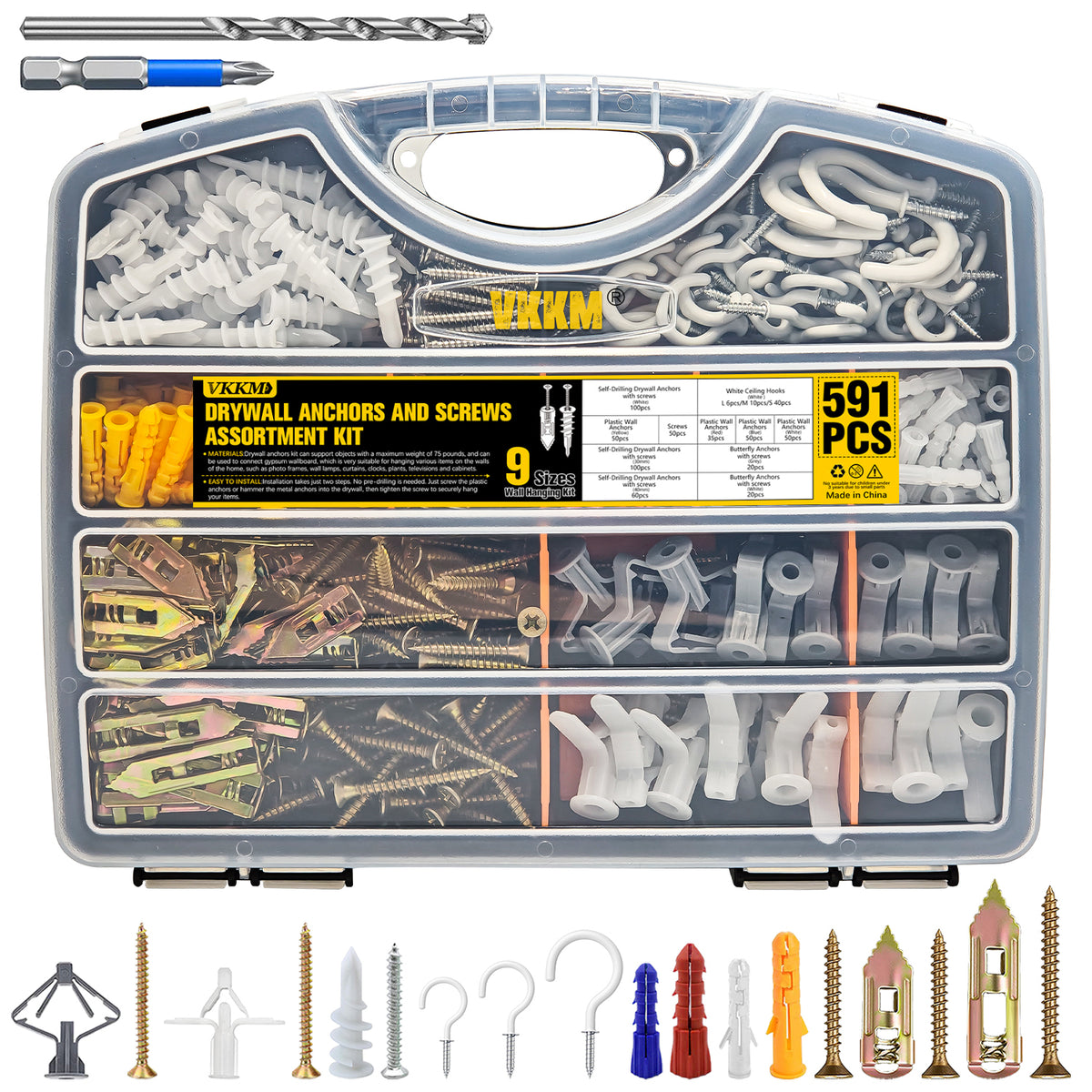 VKKM 591Pcs Drywall Anchors & Screws Kit 9‑Sizes Wall Fastener & Hook Assortment