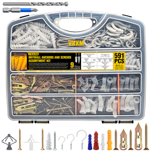 VKKM 591Pcs Drywall Anchors & Screws Kit 9‑Sizes Wall Fastener & Hook Assortment
