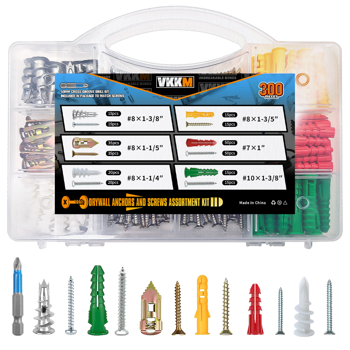 VKKM Drywall Anchors and Screws Assortment Kit - 300 Pack