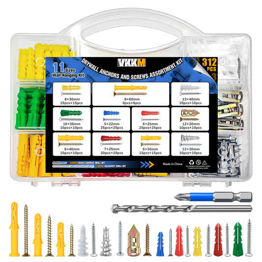 VKKM 312Pcs Drywall Anchors and Screws Kit - Wall Fastener Set with 2 Drill Bits