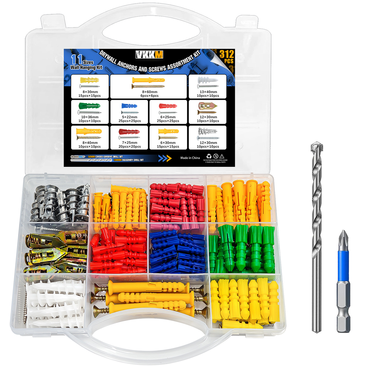VKKM 312Pcs Drywall Anchors and Screws Kit - Wall Fastener Set with 2 Drill Bits - image 2